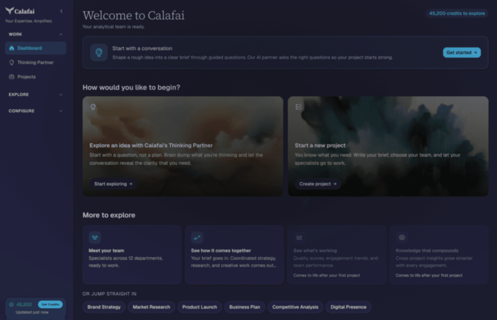 Calafai dashboard, welcome screen with sidebar nav, conversation prompt, and project entry points